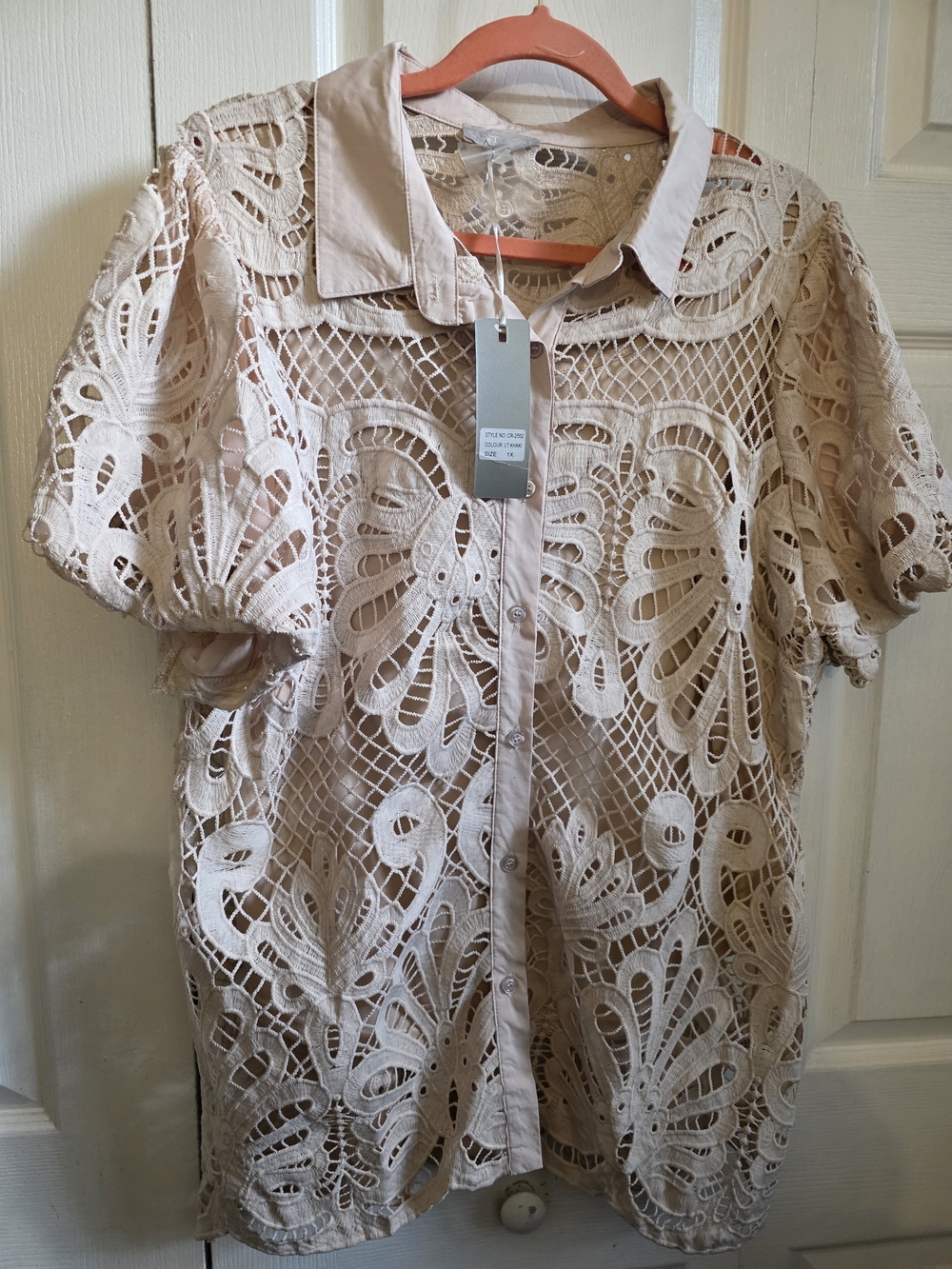 Beige Crochet Lace Button-Down Blouse